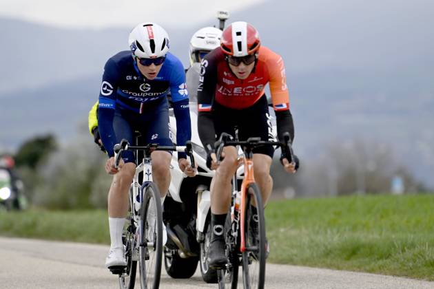 Paris - Nice 2025 - stage 5 LA COTE-SAINT-ANDRE, FRANCE - MARCH 13 : Gruel Thibaud (FRA) of Groupama - Fdj and Swift Ben (GBR) of Ineos Grenadiers during stage 5 of the 83th edition of the Paris - Nice cycling race, a stage of 196,5km with start in Saint-Just-en-Chevalet and finish in La Cote-Saint-Andre on March 13, 2025 in La Cote-Saint-Andre, France, 13 03 2025 ( Motordriver Kenny Verfaillie - La Cote-Saint-Andre France  Copyright: xNicoxVereeckenx