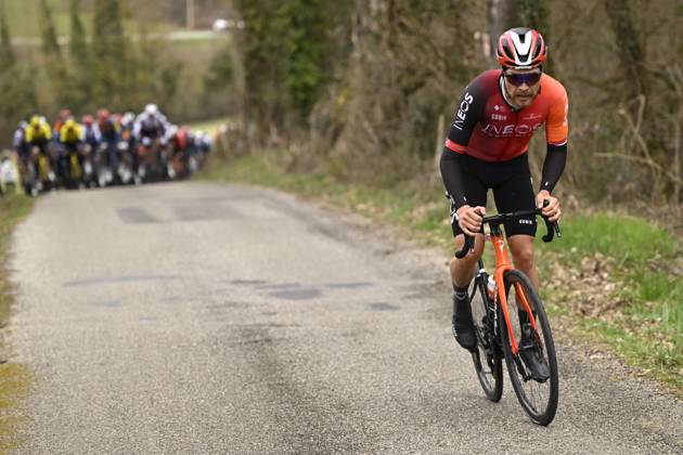 Paris - Nice 2025 - stage 5 LA COTE-SAINT-ANDRE, FRANCE - MARCH 13 : Foss Tobias (NOR) of Ineos Grenadiers attacking during stage 5 of the 83th edition of the Paris - Nice cycling race, a stage of 196,5km with start in Saint-Just-en-Chevalet and finish in La Cote-Saint-Andre on March 13, 2025 in La Cote-Saint-Andre, France, 13 03 2025 ( Motordriver Kenny Verfaillie - La Cote-Saint-Andre France  Copyright: xNicoxVereeckenx