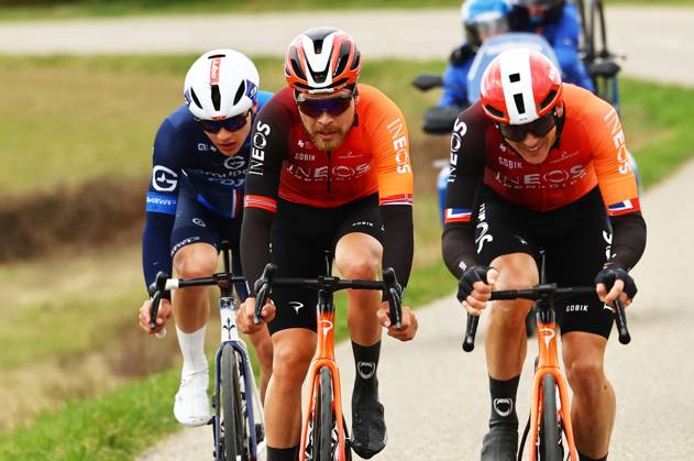 French Thibaud Gruel of Groupama-FDJ, Norwegian Tobias Svendsen Foss of Ineos Grenadiers and British Ben Swift of Ineos Grenadiers pictured in action during stage five of the 83th edition of the Paris-Nice cycling race, 196,5 km from Saint-Just-en-Chevalet to La Cote-Saint-Andre, France, Thursday 13 March 2025. DAVIDxPINTENS  x114862708x