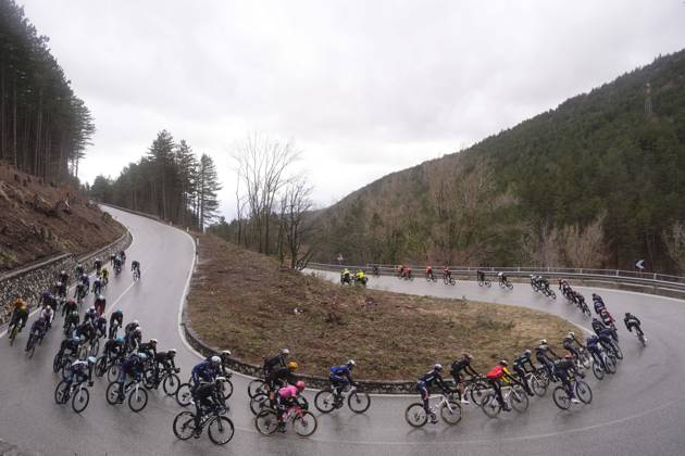 The pack rides during the 60th Tirreno - Adriatico 2025, Stage 4 from Norcia to Trasacco - on March 13, 2025 in Norcia, Umbria, Italy.  Copyright: xFabioxFerrari LaPressex