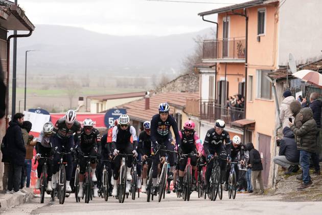The pack rides during the 60th Tirreno - Adriatico 2025, Stage 4 from Norcia to Trasacco - on March 13, 2025 in Norcia, Umbria, Italy.  Copyright: xMassimoxPaolone LaPressex