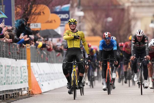 Kooij Olav of Team Visma Lease A Bike the winner of the stageduring the 60th Tirreno - Adriatico 2025, Stage 4 from Norcia to Trasacco - on March 13, 2025 in Norcia, Umbria, Italy.  Copyright: xMassimoxPaolone LaPressex