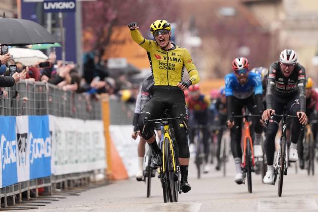 Kooij Olav of Team Visma Lease A Bike the winner of the stageduring the 60th Tirreno - Adriatico 2025, Stage 4 from Norcia to Trasacco - on March 13, 2025 in Norcia, Umbria, Italy.  Copyright: xMassimoxPaolone LaPressex