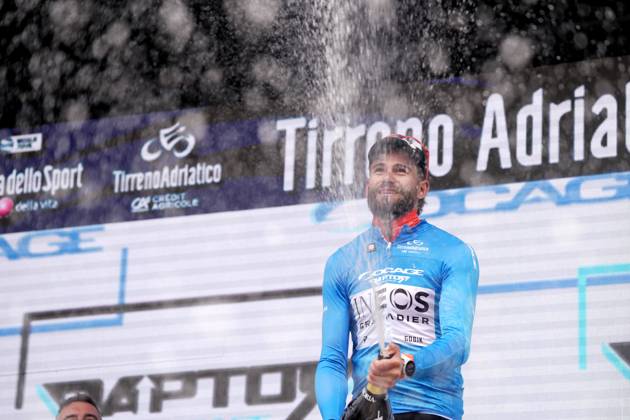 Ganna Filippo of Ineos Grenadiers on the podium during the 60th Tirreno - Adriatico 2025, Stage 4 from Norcia to Trasacco - on March 13, 2025 in Norcia, Umbria, Italy.  Copyright: xMassimoxPaolone LaPressex