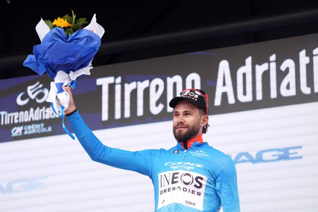 Ganna Filippo of Ineos Grenadiers on the podium during the 60th Tirreno - Adriatico 2025, Stage 4 from Norcia to Trasacco - on March 13, 2025 in Norcia, Umbria, Italy.  Copyright: xMassimoxPaolone LaPressex