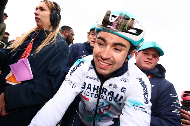 French Lenny Martinez of Bahrain Victorious celebrates after winning stage six of the 83th edition of the Paris-Nice cycling race, 209,8 km from Saint-Julien-en-Saint-Alban to Berre l Etang, France, Friday 14 March 2025. DAVIDxPINTENS  x114870406x