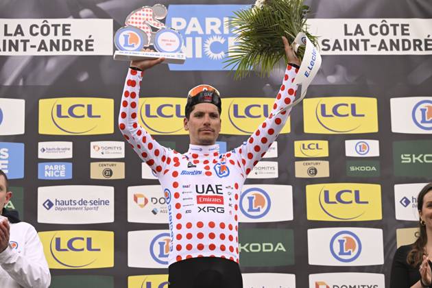 Paris - Nice 2025 - stage 5 LA COTE-SAINT-ANDRE, FRANCE - MARCH 13 : Almeida Joao (POR) of Uae Team Emirates - Xrg pictured with the polka dot jersey during the podium ceremony of stage 5 of the 83th edition of the Paris - Nice cycling race, a stage of 196,5km with start in Saint-Just-en-Chevalet and finish in La Cote-Saint-Andre on March 13, 2025 in La Cote-Saint-Andre, France, 13 03 2025 ( Motordriver Kenny Verfaillie - La Cote-Saint-Andre France  Copyright: xNicoxVereeckenx