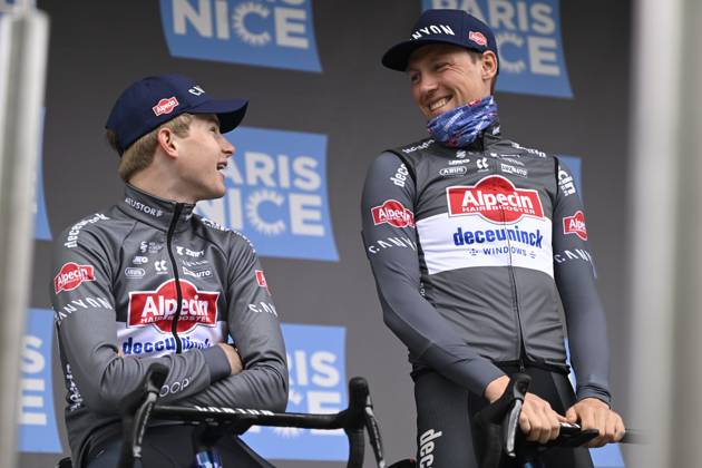 Paris - Nice 2025 - stage 6 BERRE L ETANG, FRANCE - MARCH 14 : Del Grosso Tibor (NED) of Alpecin - Deceuninck and Kielich Timo (BEL) of Alpecin - Deceuninck during stage 6 of the 83th edition of the Paris - Nice cycling race, a stage of 209,8km with start in Saint-Julien-en-Saint-Alban and finish in Berre L Etang on March 14, 2025 in Berre L Etang, France, 14 03 2025 ( Motordriver Kenny Verfaillie - Berre L Etang France  Copyright: xNicoxVereeckenx