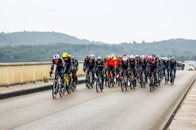 The pack of riders pictured in action during stage six of the 83th edition of the Paris-Nice cycling race, 209,8 km from Saint-Julien-en-Saint-Alban to Berre l Etang, France, Friday 14 March 2025. DAVIDxPINTENS  x114935539x
