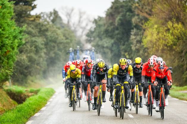 The pack of riders with American Matteo Jorgenson of Team Visma-Lease a Bike pictured in action during stage six of the 83th edition of the Paris-Nice cycling race, 209,8 km from Saint-Julien-en-Saint-Alban to Berre l Etang, France, Friday 14 March 2025. DAVIDxPINTENS  x114936833x