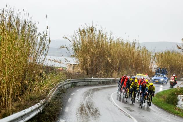 Danish Mads Pedersen of Lidl-Trek and Belgian Victor Campenaerts of Team Visma-Lease a Bike pictured in action during stage six of the 83th edition of the Paris-Nice cycling race, 209,8 km from Saint-Julien-en-Saint-Alban to Berre l Etang, France, Friday 14 March 2025. DAVIDxPINTENS x114939015x