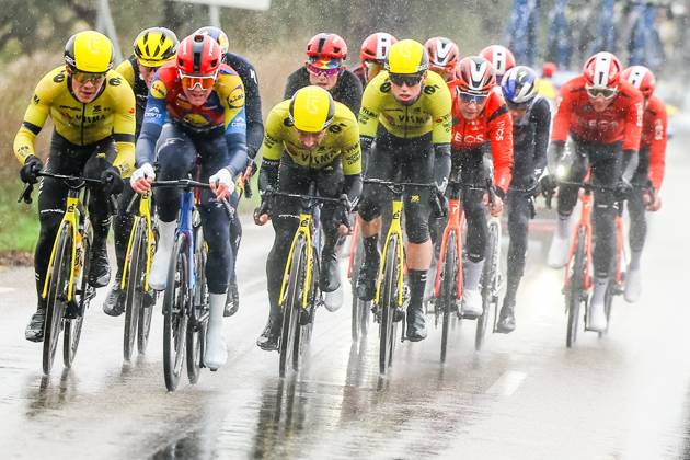 Danish Mads Pedersen of Lidl-Trek and Belgian Victor Campenaerts of Team Visma-Lease a Bike pictured in action during stage six of the 83th edition of the Paris-Nice cycling race, 209,8 km from Saint-Julien-en-Saint-Alban to Berre l Etang, France, Friday 14 March 2025. DAVIDxPINTENS  x114939019x