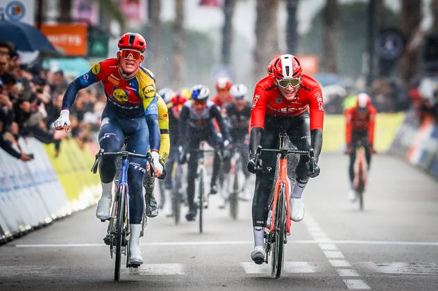 Danish Mads Pedersen of Lidl-Trek and British Michael Joshua Tarling of Ineos Grenadiers sprint to the finish of stage six of the 83th edition of the Paris-Nice cycling race, 209,8 km from Saint-Julien-en-Saint-Alban to Berre l Etang, France, Friday 14 March 2025. DAVIDxPINTENS x114939288x