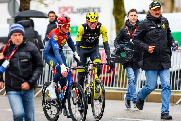 Danish Mads Pedersen of Lidl-Trek and American Matteo Jorgenson of Team Visma-Lease a Bike celebrate after stage six of the 83th edition of the Paris-Nice cycling race, 209,8 km from Saint-Julien-en-Saint-Alban to Berre l Etang, France, Friday 14 March 2025. DAVIDxPINTENS x114939632x