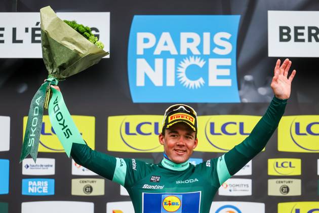 Danish Mads Pedersen of Lidl-Trek celebrates on the podium in the green points jersey stage six of the 83th edition of the Paris-Nice cycling race, 209,8 km from Saint-Julien-en-Saint-Alban to Berre l Etang, France, Friday 14 March 2025. DAVIDxPINTENS  x114941819x