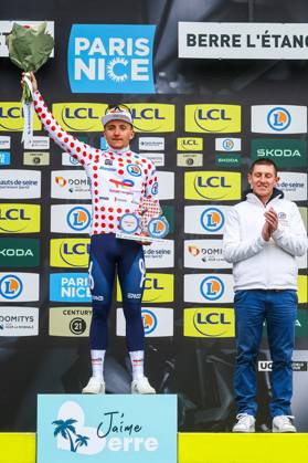 French Thomas Gachignard of TotalEnergies pictured on the podium after stage six of the 83th edition of the Paris-Nice cycling race, 209,8 km from Saint-Julien-en-Saint-Alban to Berre l Etang, France, Friday 14 March 2025. DAVIDxPINTENS  x114942877x