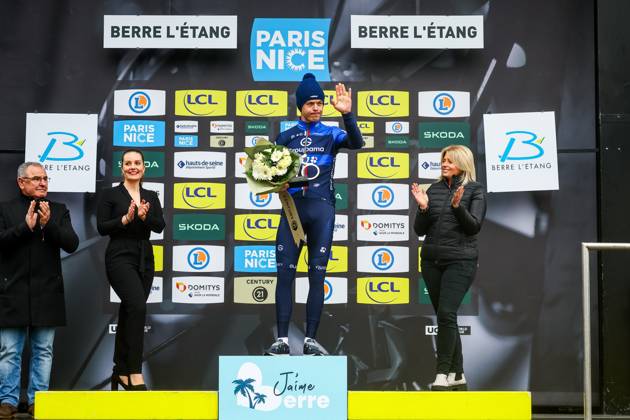 French Remi Cavagna of Groupama-FDJ pictured on the podium after stage six of the 83th edition of the Paris-Nice cycling race, 209,8 km from Saint-Julien-en-Saint-Alban to Berre l Etang, France, Friday 14 March 2025. DAVIDxPINTENS  x114942903x