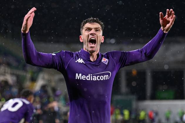 ACF Fiorentina s defender Robin Gosens celebrates during ACF Fiorentina vs Panathinaikos, UEFA Conference League football match in Florence, Italy, March 13 2025 Copyright: xLisaxGuglielmi IPAxSportx xipa-agency.netx xx IPA_55342777 IPA_Agency_IPA55342777