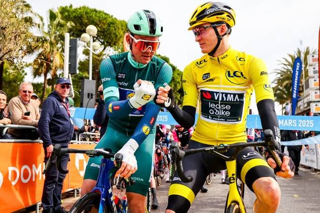 Danish Mads Pedersen of Lidl-Trek and American Matteo Jorgenson of Team Visma-Lease a Bike pictured at the start of stage seven of the 83th edition of the Paris-Nice cycling race, 147,8 km from Nice to Auron, France, Saturday 15 March 2025. DAVIDxPINTENS x114997799x