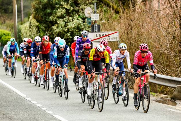 The breakaway group pictured during stage seven of the 83th edition of the Paris-Nice cycling race, 147,8 km from Nice to Auron, France, Saturday 15 March 2025. DAVIDxPINTENS x114998631x
