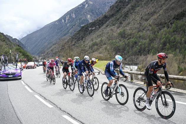 Paris - Nice 2025 - stage 7 AURON, FRANCE - MARCH 15 : Kung Stefan (SUI) of Groupama - Fdj, Wright Fred (GBR) of Bahrain - Victorious, Alaphilippe Julian (FRA) of Tudor Pro Cycling Team in the escape pack during stage 7 of the 83th edition of the Paris - Nice cycling race, a stage of 109,3km with start in Nice and finish at Auron on March 15, 2025 in Auron, France, 15 03 2025 ( Motordriver Kenny Verfaillie - Auron France Copyright: xNicoxVereeckenx