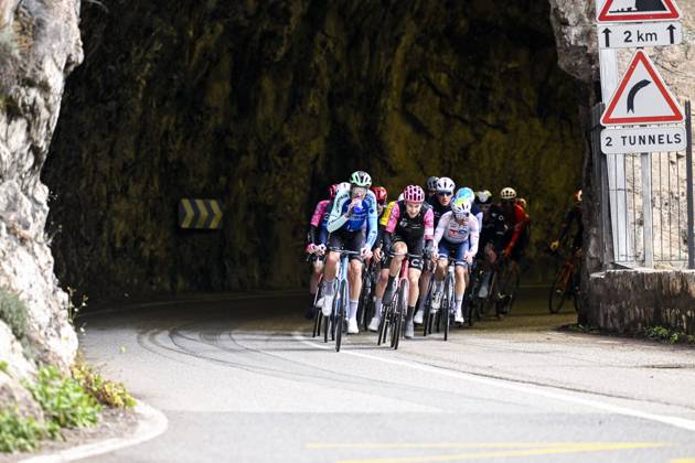 Paris - Nice 2025 - stage 7 AURON, FRANCE - MARCH 15 : Illustration picture of the escape pack during stage 7 of the 83th edition of the Paris - Nice cycling race, a stage of 109,3km with start in Nice and finish at Auron on March 15, 2025 in Auron, France, 15 03 2025 ( Motordriver Kenny Verfaillie - Auron France  Copyright: xNicoxVereeckenx