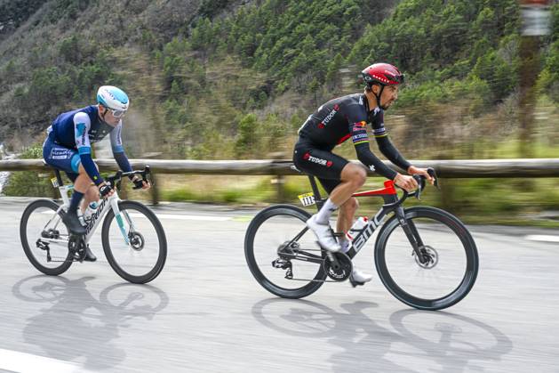 Paris - Nice 2025 - stage 7 AURON, FRANCE - MARCH 15 : Wright Fred (GBR) of Bahrain - Victorious, Alaphilippe Julian (FRA) of Tudor Pro Cycling Team in the escape pack during stage 7 of the 83th edition of the Paris - Nice cycling race, a stage of 109,3km with start in Nice and finish at Auron on March 15, 2025 in Auron, France, 15 03 2025 ( Motordriver Kenny Verfaillie - Auron France Copyright: xNicoxVereeckenx