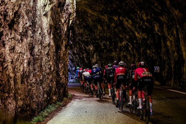 The breakaway group pictured during stage seven of the 83th edition of the Paris-Nice cycling race, 147,8 km from Nice to Auron, France, Saturday 15 March 2025. DAVIDxPINTENS x115001907x