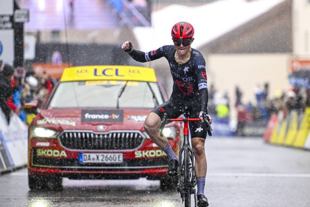 Paris - Nice 2025 - stage 7 AURON, FRANCE - MARCH 15 : Storer Michael (AUS) of Tudor Pro Cycling Team celebrating his victory during stage 7 of the 83th edition of the Paris - Nice cycling race, a stage of 109,3km with start in Nice and finish at Auron on March 15, 2025 in Auron, France, 15 03 2025 ( Motordriver Kenny Verfaillie - Auron France  Copyright: xNicoxVereeckenx