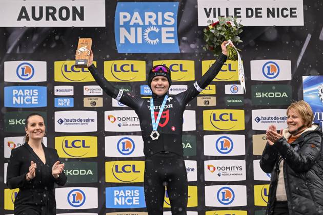 Paris - Nice 2025 - stage 7 AURON, FRANCE - MARCH 15 : Storer Michael (AUS) of Tudor Pro Cycling Team on the podium during stage 7 of the 83th edition of the Paris - Nice cycling race, a stage of 109,3km with start in Nice and finish at Auron on March 15, 2025 in Auron, France, 15 03 2025 ( Motordriver Kenny Verfaillie - Auron France  Copyright: xNicoxVereeckenx