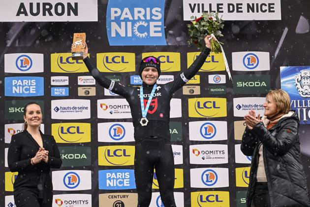 Paris - Nice 2025 - stage 7 AURON, FRANCE - MARCH 15 : Storer Michael (AUS) of Tudor Pro Cycling Team on the podium during stage 7 of the 83th edition of the Paris - Nice cycling race, a stage of 109,3km with start in Nice and finish at Auron on March 15, 2025 in Auron, France, 15 03 2025 ( Motordriver Kenny Verfaillie - Auron France  Copyright: xNicoxVereeckenx