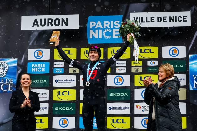 Australian Michael Storer of Tudor Pro Cycling Team celebrates on the podium after winning stage seven of the 83th edition of the Paris-Nice cycling race, 147,8 km from Nice to Auron, France, Saturday 15 March 2025. DAVIDxPINTENS  x115006981x