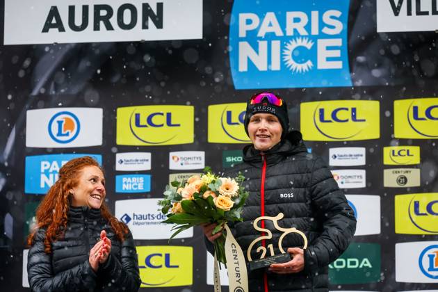 Australian Michael Storer of Tudor Pro Cycling Team celebrates on the podium after winning stage seven of the 83th edition of the Paris-Nice cycling race, 147,8 km from Nice to Auron, France, Saturday 15 March 2025. DAVIDxPINTENS x115007138x