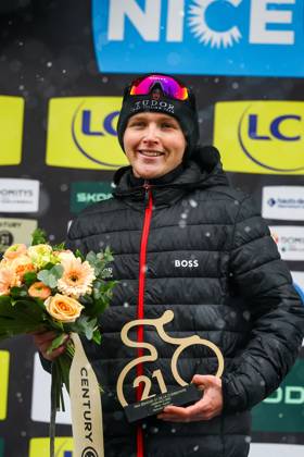 Australian Michael Storer of Tudor Pro Cycling Team celebrates on the podium after winning stage seven of the 83th edition of the Paris-Nice cycling race, 147,8 km from Nice to Auron, France, Saturday 15 March 2025. DAVIDxPINTENS x115007140x