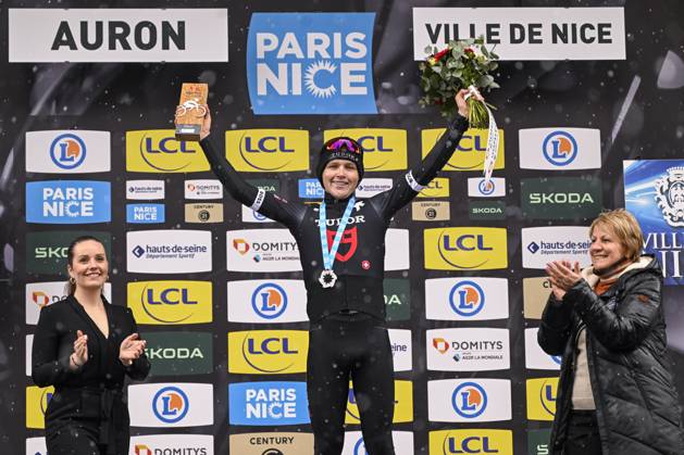 Paris - Nice 2025 - stage 7 AURON, FRANCE - MARCH 15 : Storer Michael (AUS) of Tudor Pro Cycling Team on the podium during stage 7 of the 83th edition of the Paris - Nice cycling race, a stage of 109,3km with start in Nice and finish at Auron on March 15, 2025 in Auron, France, 15 03 2025 ( Motordriver Kenny Verfaillie - Auron France  Copyright: xNicoxVereeckenx