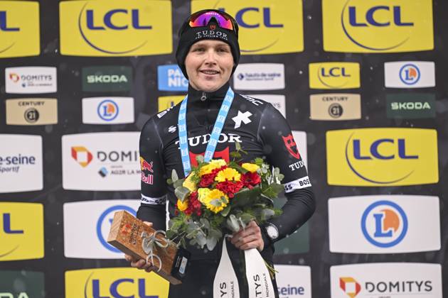 Paris - Nice 2025 - stage 7 AURON, FRANCE - MARCH 15 : Storer Michael (AUS) of Tudor Pro Cycling Team on the podium during stage 7 of the 83th edition of the Paris - Nice cycling race, a stage of 109,3km with start in Nice and finish at Auron on March 15, 2025 in Auron, France, 15 03 2025 ( Motordriver Kenny Verfaillie - Auron France Copyright: xNicoxVereeckenx