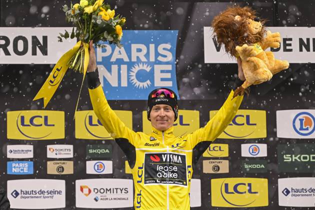 Paris - Nice 2025 - stage 7 AURON, FRANCE - MARCH 15 : Jorgenson Matteo (USA) of Team Visma Lease A Bike on the podium with the yellow jersey during stage 7 of the 83th edition of the Paris - Nice cycling race, a stage of 109,3km with start in Nice and finish at Auron on March 15, 2025 in Auron, France, 15 03 2025 ( Motordriver Kenny Verfaillie - Auron France  Copyright: xNicoxVereeckenx