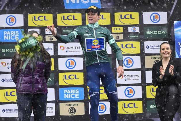 Paris - Nice 2025 - stage 7 AURON, FRANCE - MARCH 15 : Pedersen Mads (DEN) of Lidl - Trek on the podium with the green jersey during stage 7 of the 83th edition of the Paris - Nice cycling race, a stage of 109,3km with start in Nice and finish at Auron on March 15, 2025 in Auron, France, 15 03 2025 ( Motordriver Kenny Verfaillie - Auron France  Copyright: xNicoxVereeckenx