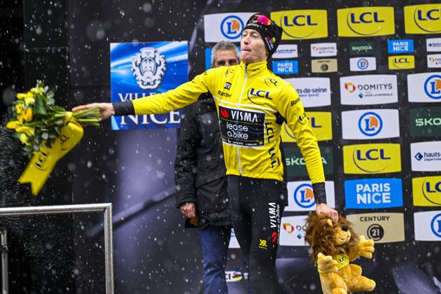 Paris - Nice 2025 - stage 7 AURON, FRANCE - MARCH 15 : Jorgenson Matteo (USA) of Team Visma Lease A Bike on the podium with the yellow jersey during stage 7 of the 83th edition of the Paris - Nice cycling race, a stage of 109,3km with start in Nice and finish at Auron on March 15, 2025 in Auron, France, 15 03 2025 ( Motordriver Kenny Verfaillie - Auron France  Copyright: xNicoxVereeckenx