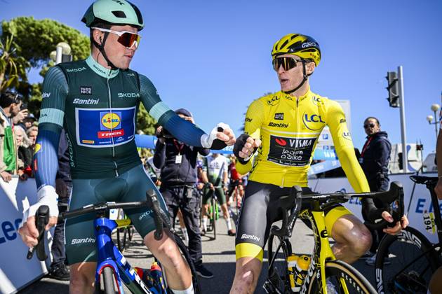 Paris - Nice 2025 - stage 8 NICE, FRANCE - MARCH 16 : Pedersen Mads (DEN) of Lidl - Trek and Jorgenson Matteo (USA) of Team Visma Lease A Bike at the start line during stage 8 and final stage of the 83th edition of the Paris - Nice cycling race, a stage of 119,9km with start and finish in Nice on March 16, 2025 in Nice, France, 16 03 2025 ( Motordriver Kenny Verfaillie - Nice France  Copyright: xNicoxVereeckenx