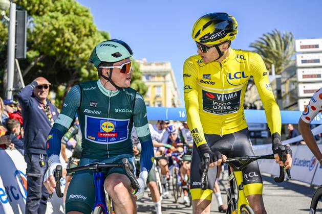 Paris - Nice 2025 - stage 8 NICE, FRANCE - MARCH 16 : Pedersen Mads (DEN) of Lidl - Trek and Jorgenson Matteo (USA) of Team Visma Lease A Bike at the start line during stage 8 and final stage of the 83th edition of the Paris - Nice cycling race, a stage of 119,9km with start and finish in Nice on March 16, 2025 in Nice, France, 16 03 2025 ( Motordriver Kenny Verfaillie - Nice France  Copyright: xNicoxVereeckenx