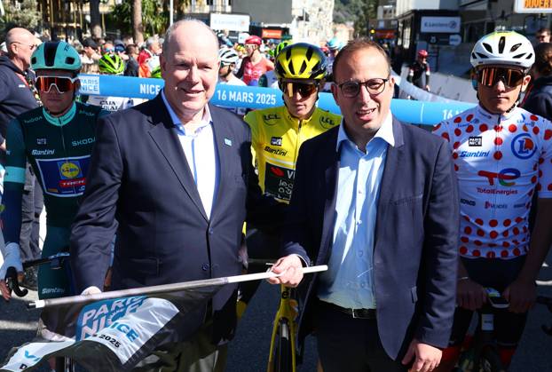 Prince Albert of Monaco (L) pictured at the start of stage eight of the 83th edition of the Paris-Nice cycling race, 119,9 km from Nice to Nice, France, Sunday 16 March 2025. DAVIDxPINTENS  x115088665x