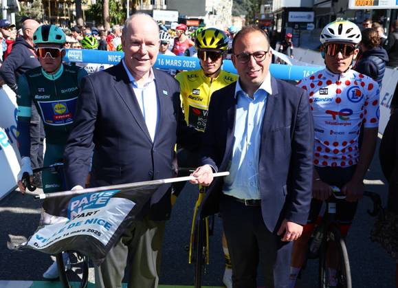 Prince Albert of Monaco (L) pictured at the start of stage eight of the 83th edition of the Paris-Nice cycling race, 119,9 km from Nice to Nice, France, Sunday 16 March 2025. DAVIDxPINTENS x115088669x