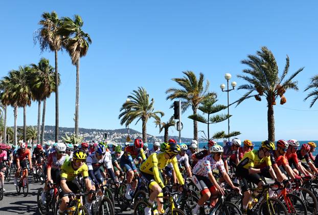 The pack of riders pictured at the start of stage eight of the 83th edition of the Paris-Nice cycling race, 119,9 km from Nice to Nice, France, Sunday 16 March 2025. DAVIDxPINTENS  x115088912x