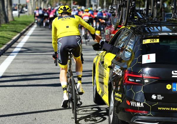 American Matteo Jorgenson of Team Visma-Lease a Bike wearing the yellow jersey of leader in the overall ranking pictured in action during stage eight of the 83th edition of the Paris-Nice cycling race, 119,9 km from Nice to Nice, France, Sunday 16 March 2025. DAVIDxPINTENS  x115089555x
