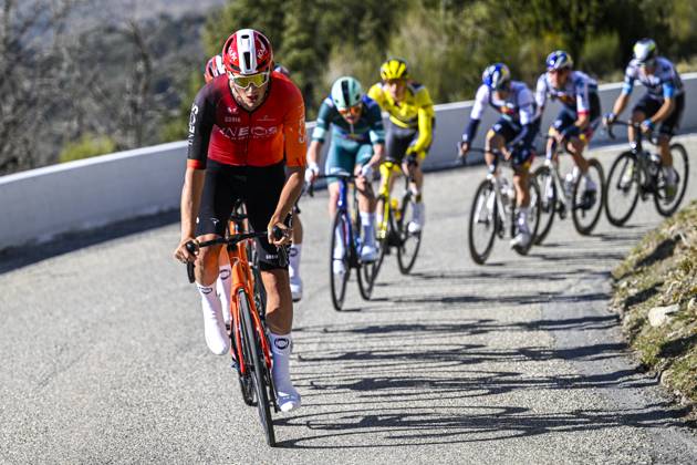 Paris - Nice 2025 - stage 8 NICE, FRANCE - MARCH 16 : Rider of Ineos Grenadiers leading the escape pack during stage 8 and final stage of the 83th edition of the Paris - Nice cycling race, a stage of 119,9km with start and finish in Nice on March 16, 2025 in Nice, France, 16 03 2025 ( Motordriver Kenny Verfaillie - Nice France  Copyright: xNicoxVereeckenx
