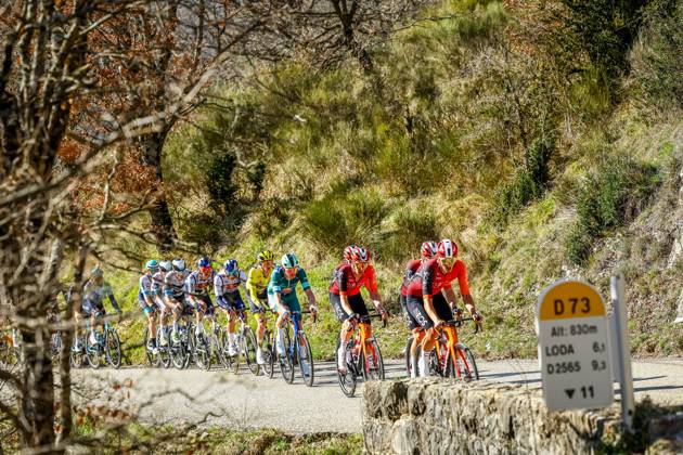 Dutch Thymen Arensman of Ineos Grenadiers, American Matteo Jorgenson of Team Visma-Lease a Bike and Danish Mads Pedersen of Lidl-Trek pictured in action during stage eight of the 83th edition of the Paris-Nice cycling race, 119,9 km from Nice to Nice, France, Sunday 16 March 2025. DAVIDxPINTENS  x115097620x