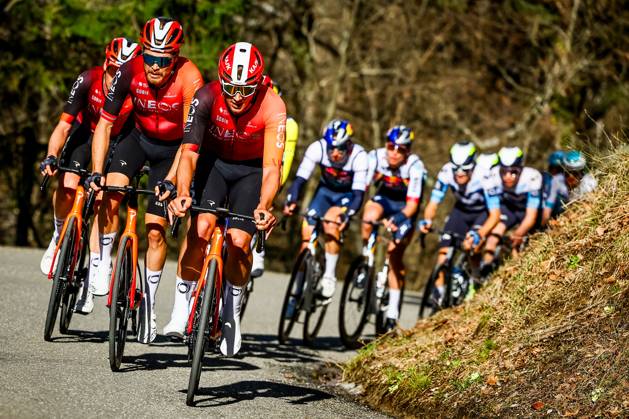 Norwegian Tobias Svendsen Foss of Ineos Grenadiers (L) pictured in action during stage eight of the 83th edition of the Paris-Nice cycling race, 119,9 km from Nice to Nice, France, Sunday 16 March 2025. DAVIDxPINTENS  x115098088x