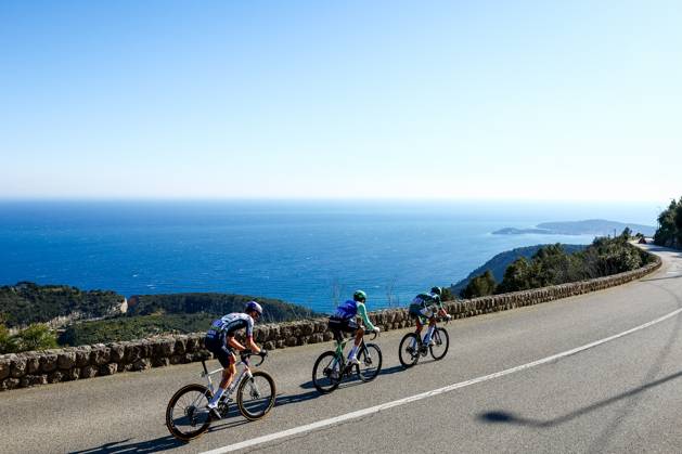 Russian Aleksandr Vlasov of RedBull-BORA-hansgrohe, Austrian Felix Gall of Decathlon AG2R La Mondiale Team and Danish Mads Pedersen of Lidl-Trek pictured in action during stage eight of the 83th edition of the Paris-Nice cycling race, 119,9 km from Nice to Nice, France, Sunday 16 March 2025. DAVIDxPINTENS  x115102498x