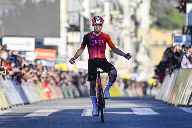 Paris - Nice 2025 - stage 8 NICE, FRANCE - MARCH 16 : Sheffield Magnus (USA) of Ineos Grenadiers celebrating his victory during stage 8 and final stage of the 83th edition of the Paris - Nice cycling race, a stage of 119,9km with start and finish in Nice on March 16, 2025 in Nice, France, 16 03 2025 ( Motordriver Kenny Verfaillie - Nice France  Copyright: xNicoxVereeckenx
